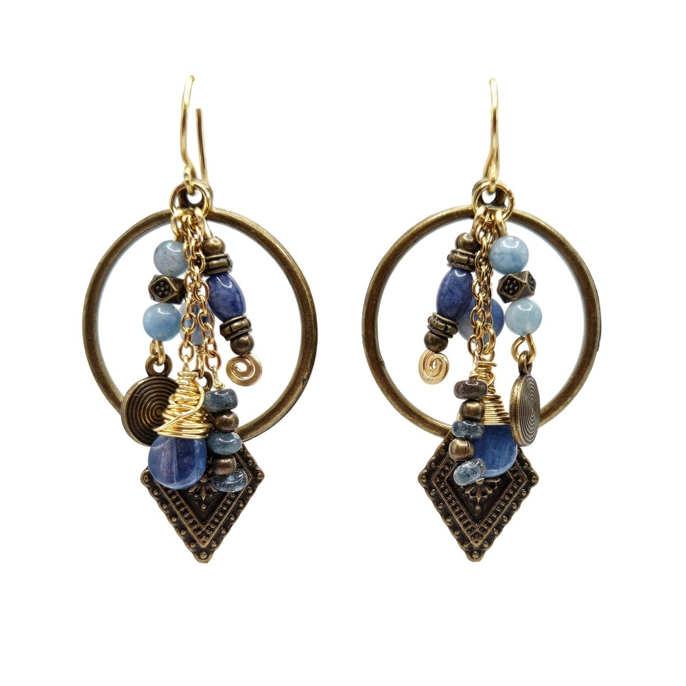 Boho Blue Kyanite Beaded Hoop Drop Earrings Antiqued‎ Brass Geometric Dangle